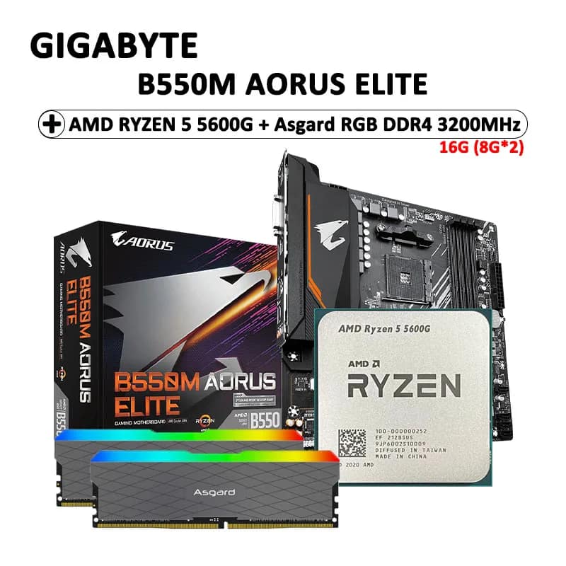 GA AMD B550M AORUS ELITE Motherboard + AMD R5 5600G CPU + Asgard W2 series DDR4 16G (8G*2) 3200 MHz RGB RAMs Suit Socket AM4