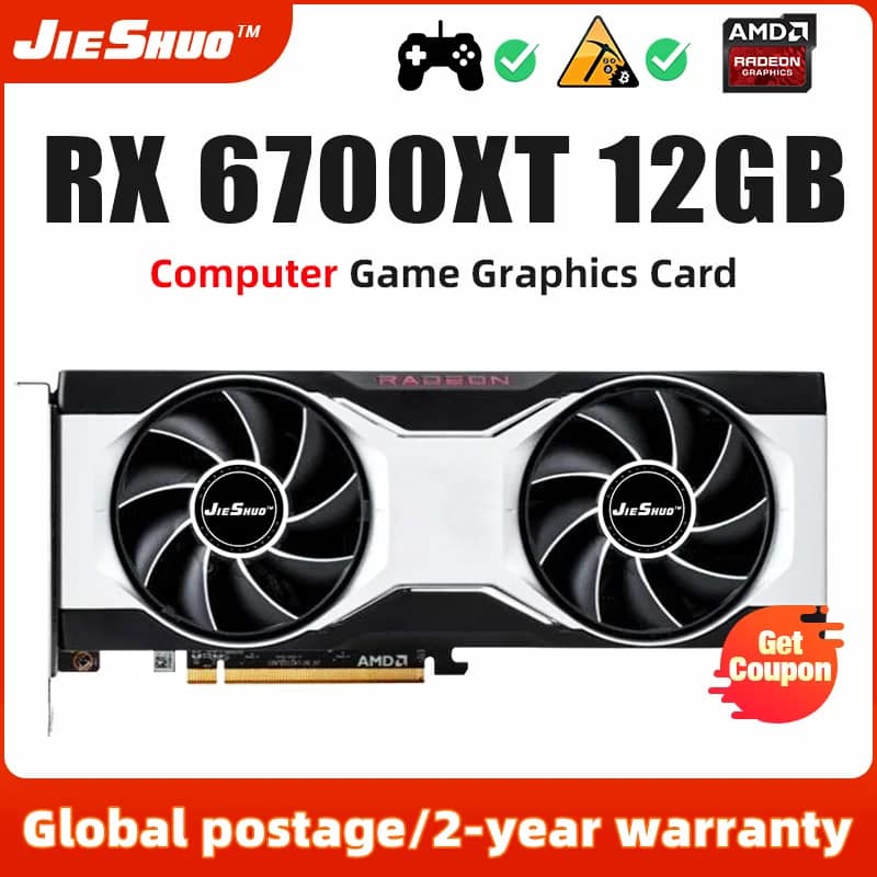 JIESHUO AMD RX 6700XT 12G Video Graphics Card GPU Gddr6 192-Bit rx6700xt 12gb Supports Computer Desktop Games Office RX6700 XT